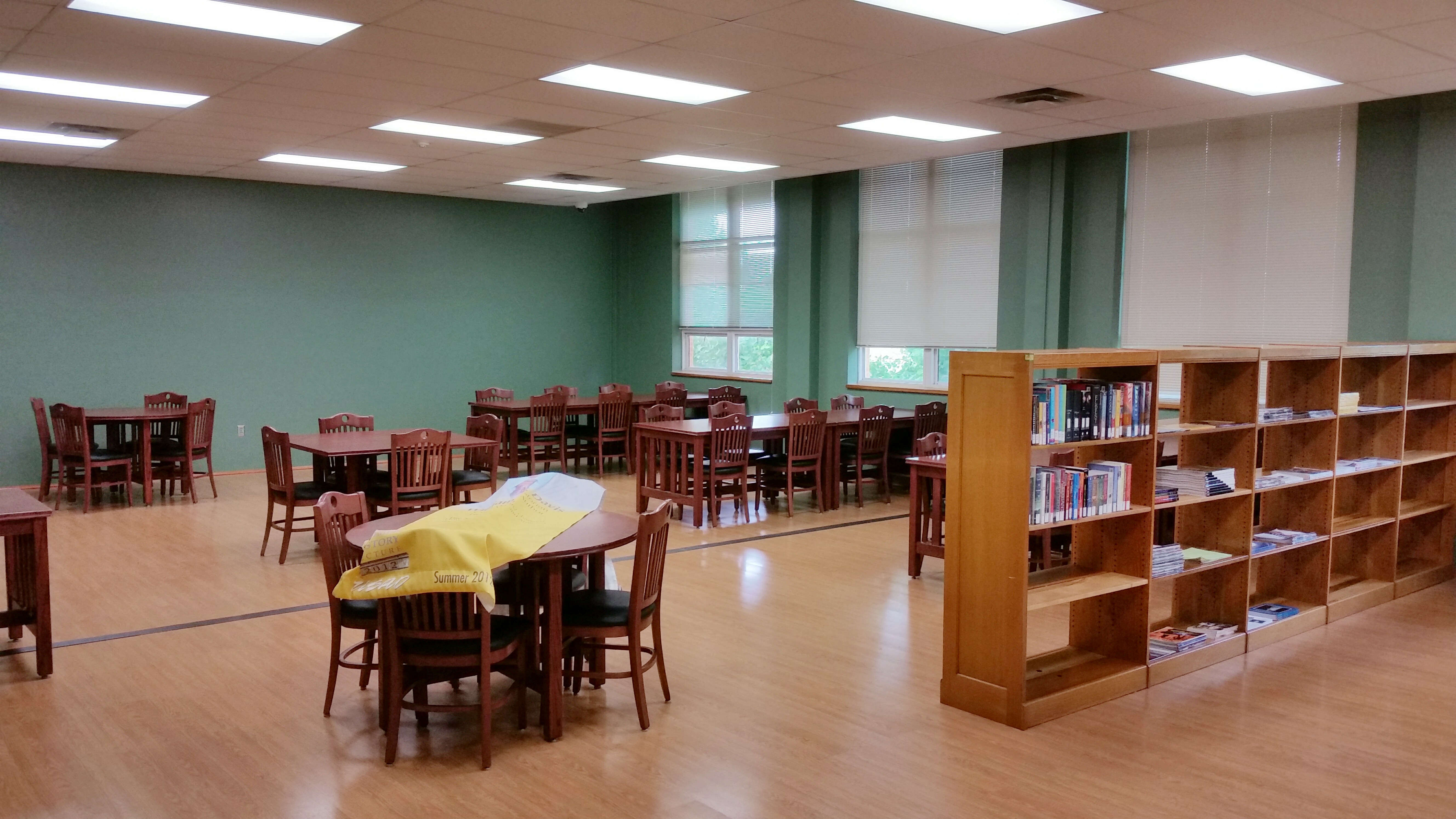 tables chairs and bookshelf