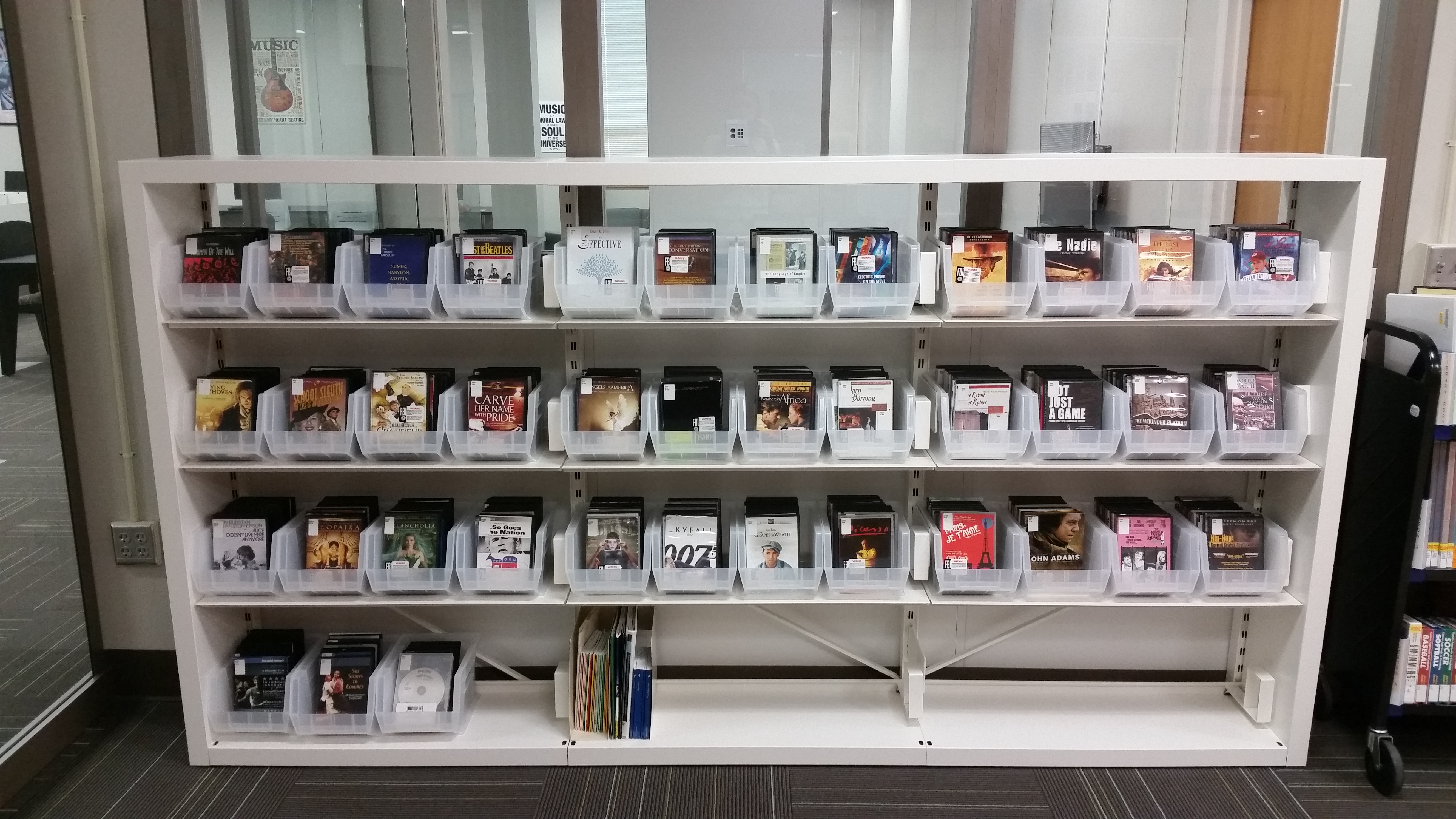 White shelf with DVDs in plastic boxes