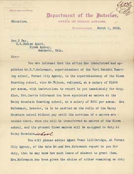 Click here to view larger image of letter from Acting Commissioner of Indian Affairs to George Day.