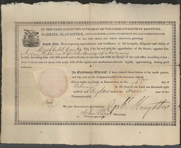 Image of notary certificate appointing Cuthbert Banks as notary of Montgomery County, Kentucky.